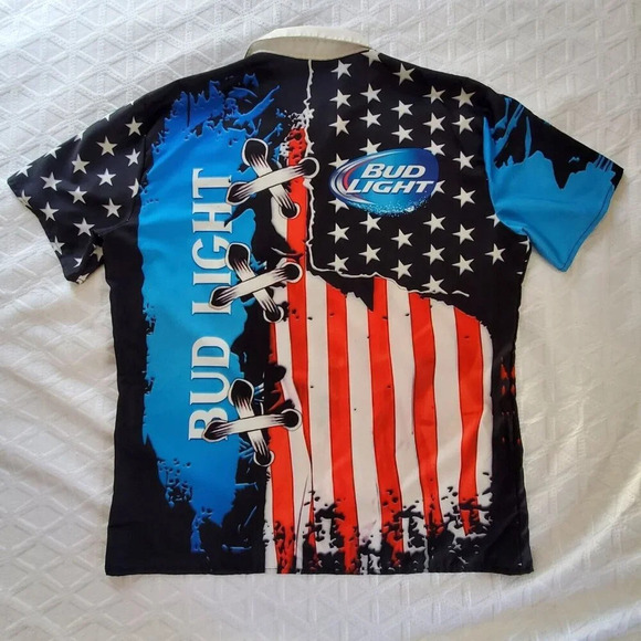 Bud Light American Flag Jersey Button Up Shirt Short Sleeve Patriotic  Size XXL - Picture 7 of 10